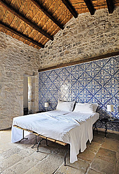 卧室,蓝色,白色,墙壁,砖瓦,时期,建筑,大理石地板