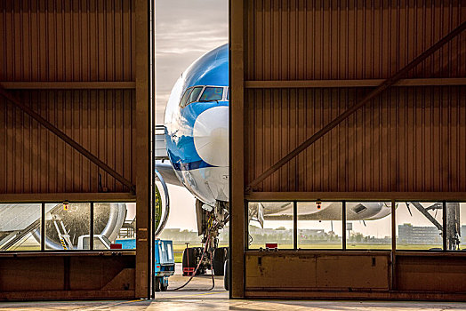 蓝色,飞机,正面,一半,打开,门,飞机库,史基浦,机场,阿姆斯特丹,荷兰