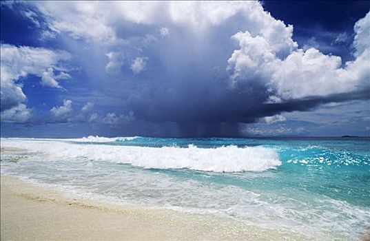 海滩,积雨云,上方,海洋,塞舌尔