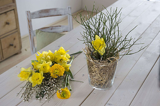 黄色,春之花束,稻草,花瓶