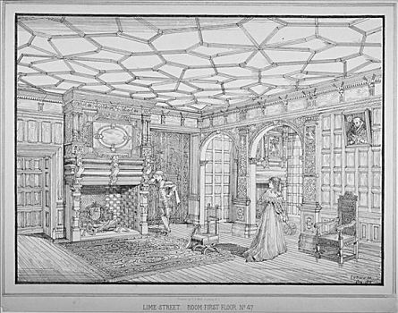 内景,一层,房间,柠檬,街道,伦敦,1875年,艺术家,桦树