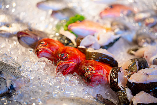 台湾的海鲜餐厅,冰柜上的新鲜的鱼类