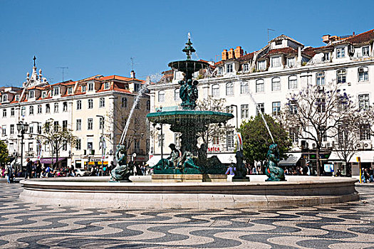 喷泉,广场,罗西奥,里斯本,葡萄牙