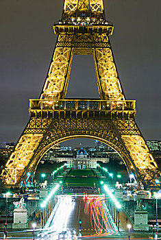 交通,埃菲尔铁塔,夜晚,巴黎,法国