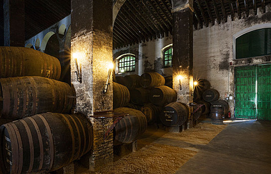 一堆,橡木桶,酒窖,葡萄酒厂,酒栈,桑卢卡尔-德巴拉梅达,卡迪兹,安达卢西亚,西班牙,欧洲