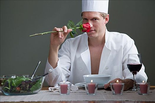 一个,男人,厨师,装束,嗅,玫瑰,浪漫,食物