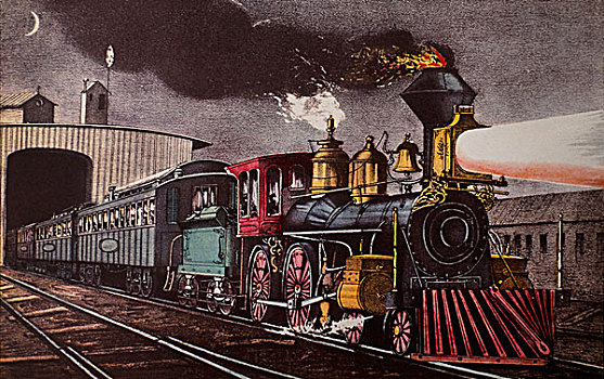 夜晚,高速列车,开端,板画,19世纪