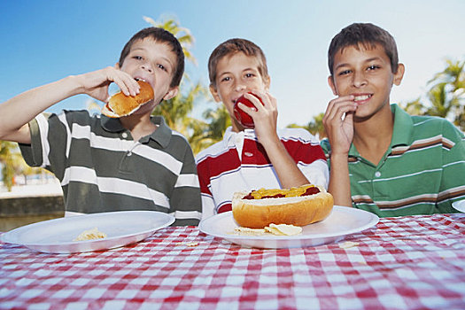 肖像,两个男孩,少男,坐,桌子,吃,热狗,苹果