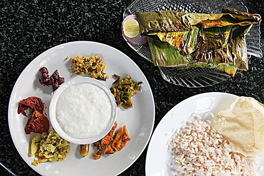 鱼肉,香蕉叶,米饭,蔬菜,喀拉拉,印度,南亚,亚洲