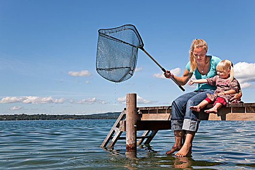 母女,钓鱼,网
