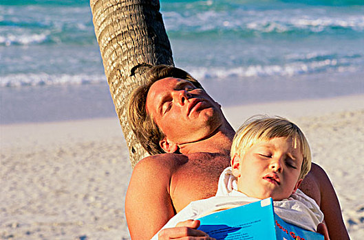 俯拍,父子,睡觉,海滩