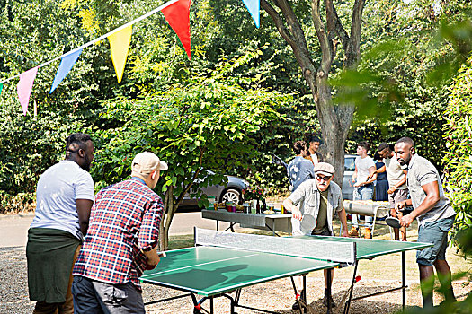 男性,朋友,玩,乒乓,晴朗,后院