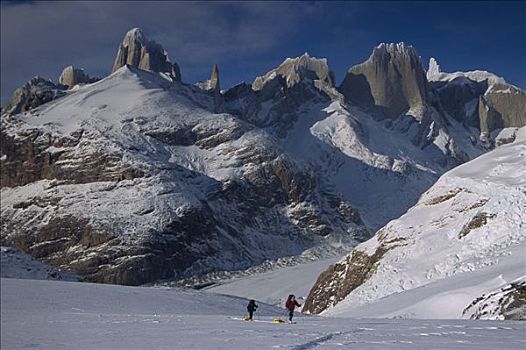滑雪者,洛斯格拉希亚雷斯国家公园,巴塔哥尼亚,阿根廷,智利,边界