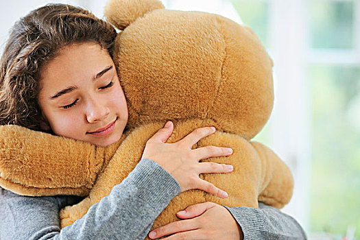 女孩,头像,搂抱,泰迪熊