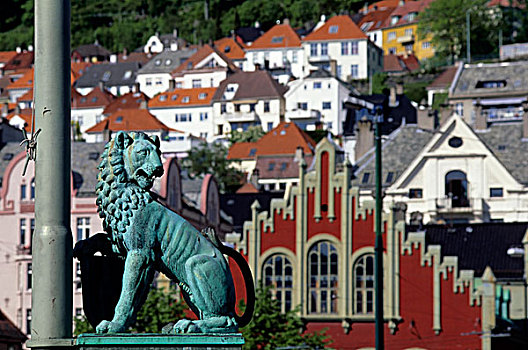 挪威,卑尔根,港口,区域,市场,青铜,狮子,雕塑