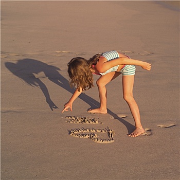 女孩,文字,沙子,海滩,哥斯达黎加