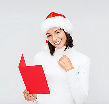 圣诞节,圣诞,人,广告,销售,概念,高兴,女人,圣诞老人,帽子,留白,红色,明信片