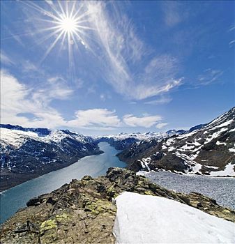 湖,尤通黑门山,国家公园,奥普兰,挪威,斯堪的纳维亚