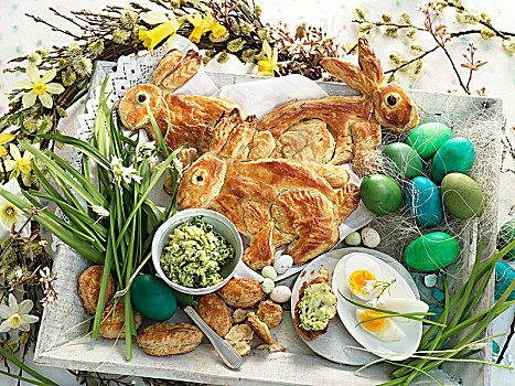 蓬松饼,复活节兔子,染,蛋,巧克力蛋,药草,黄油