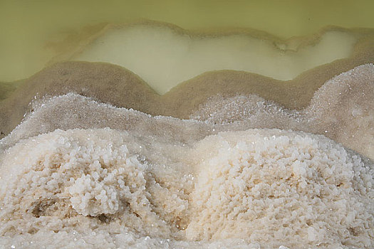 青海格尔木盐场的盐池内盐的结晶