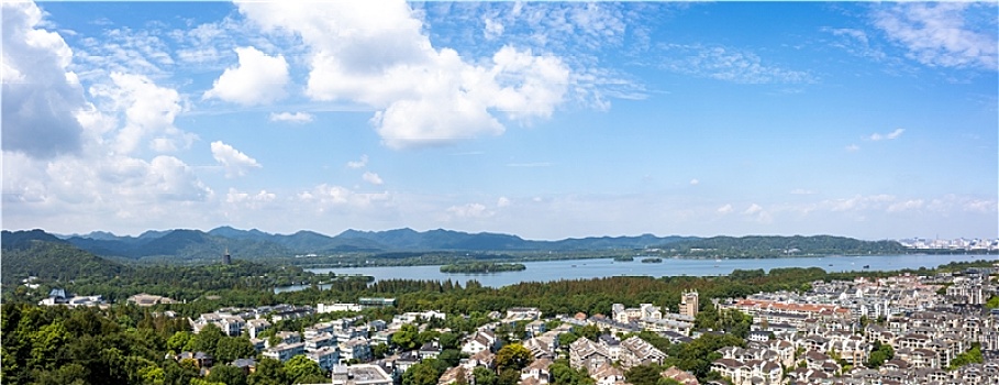 浙江省杭州市西湖三岛航拍全景