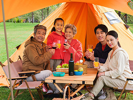 快乐的五口之家在户外野餐