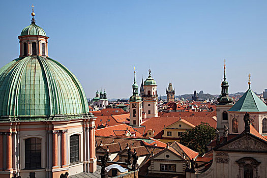 捷克共和国,布拉格,俯视图,教堂塔楼,老城,局部