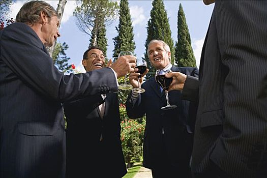 四个,商务人士,喝,葡萄酒,花园