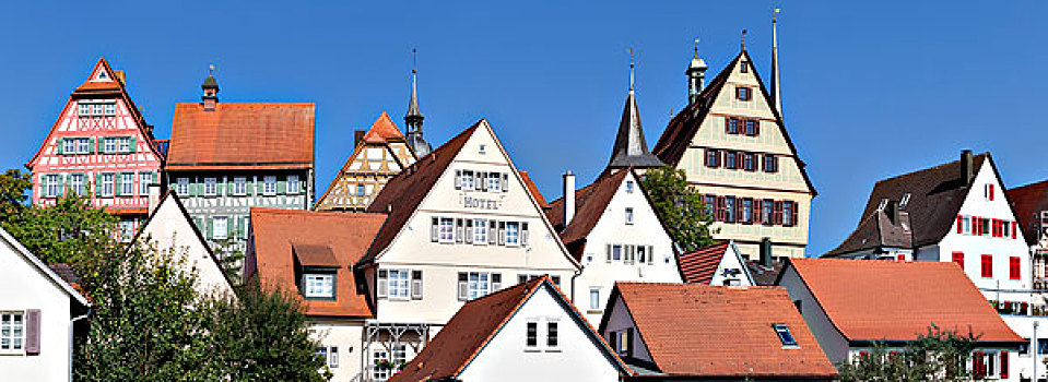 历史,中心,半木结构房屋,市政厅,教堂,巴登符腾堡,德国,欧洲