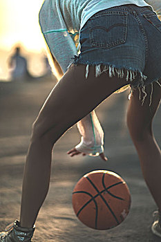 后视图,美女,站立,正面,日落,弹起,篮球