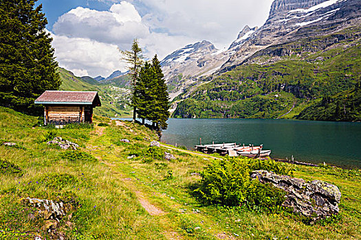 划艇,小,小屋,高山,湖,瑞士