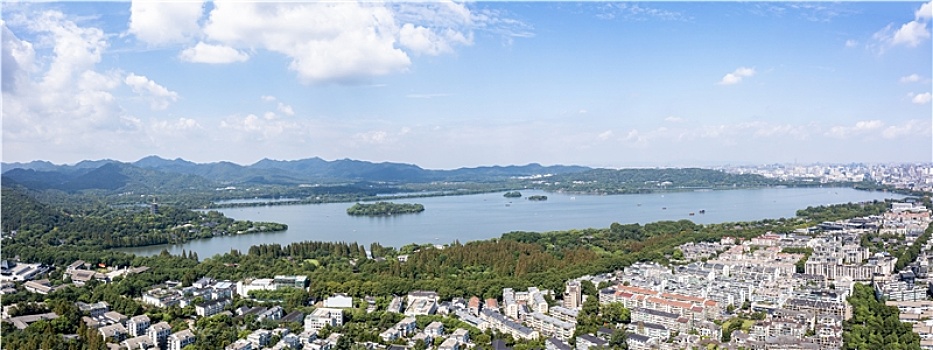 浙江省杭州市西湖三岛航拍全景