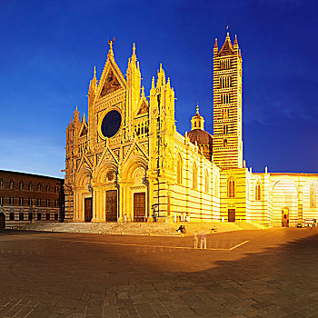 广场,中央教堂,大教堂,圣母升天教堂,夜晚,世界遗产,锡耶纳,托斯卡纳,意大利,欧洲