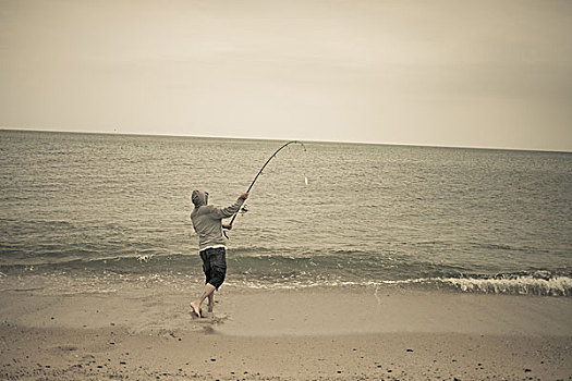 渔民,鱼竿,海滩,特鲁罗,马萨诸塞,科德角,美国
