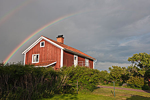 彩虹,上方,传统,木屋