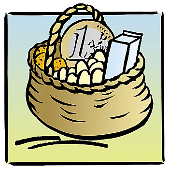 篮子,满,食品杂货,欧元硬币