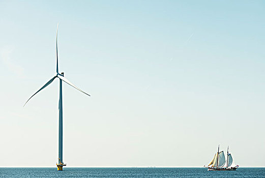岸边,风轮机,帆船,湖,荷兰