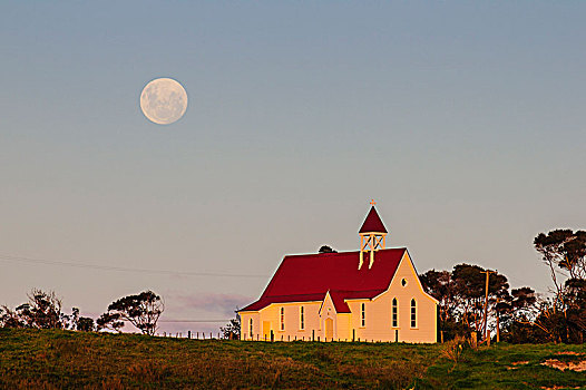 满月,后面,小,小教堂,北国,北岛,新西兰