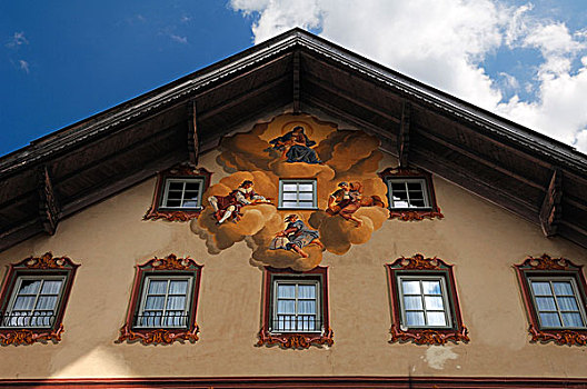 传统,壁画,柱子,酒店,米滕瓦尔德,上巴伐利亚,巴伐利亚,德国,欧洲