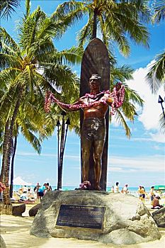 夏威夷,瓦胡岛,怀基基海滩,雕塑,正面,海滩,公园