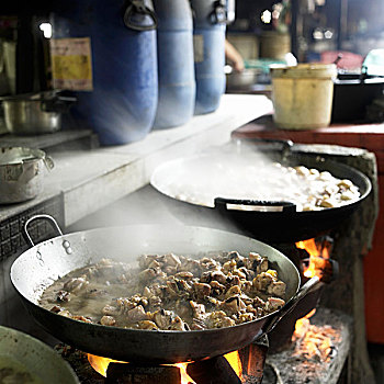 锅,烤,鱼肉,柬埔寨,市场
