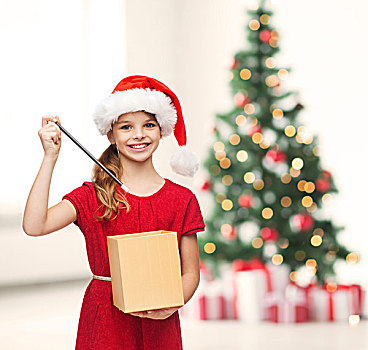 圣诞节,圣诞,冬天,高兴,概念,微笑,女孩,圣诞老人,帽子,礼盒,魔法棒