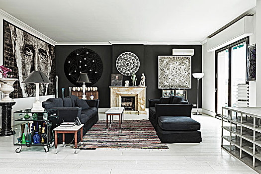 黑色,沙发,精美,茶几,地毯,休闲,区域,墙壁,大,头像,一个