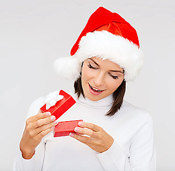 圣诞节,圣诞,冬天,高兴,概念,吃惊,女人,圣诞老人,帽子,小,礼盒