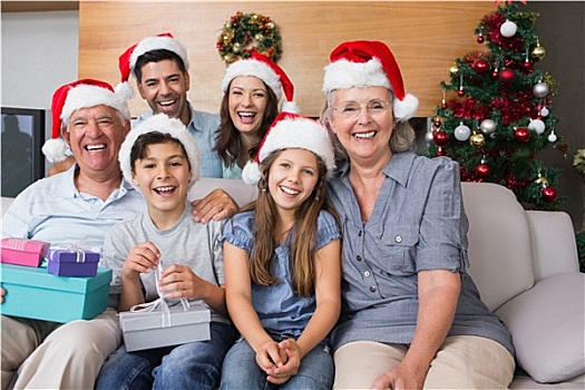 大家庭,圣诞节,帽子,礼盒,客厅