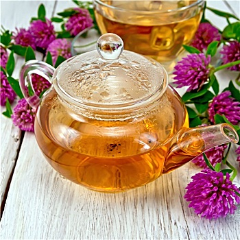 茶,三叶草,玻璃茶壶,木板