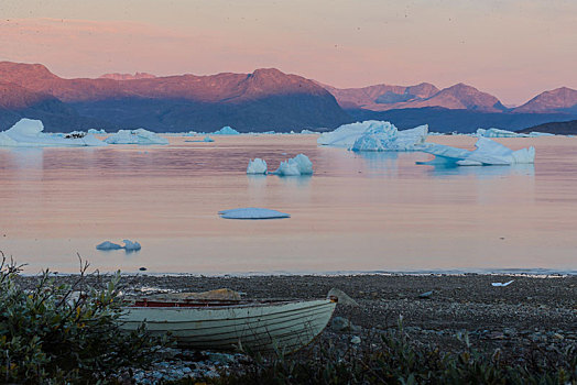船,海滩,冰山,山脉,背景,格陵兰