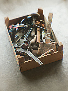 盒子,老,工具,乡村,木质背景