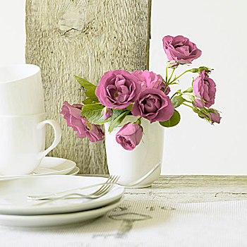 粉色,玫瑰,陶瓷,花瓶,茶杯,盘子
