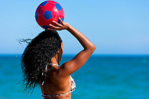 美女,海滩,玩,足球,度假